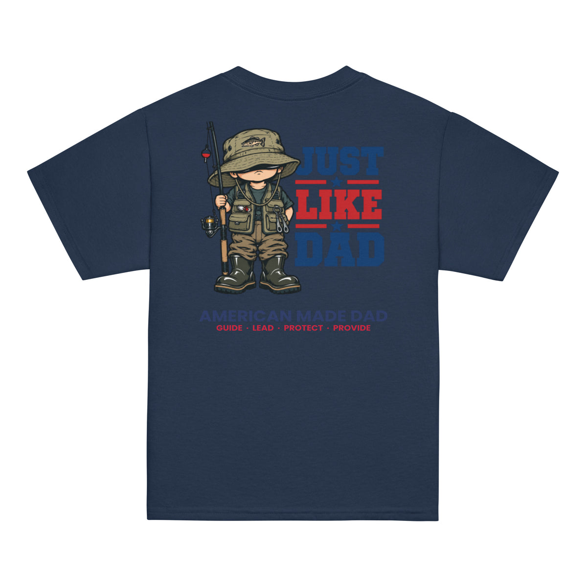Back of a navy youth t-shirt with the Just Like Dad fisherman artwork printed across it