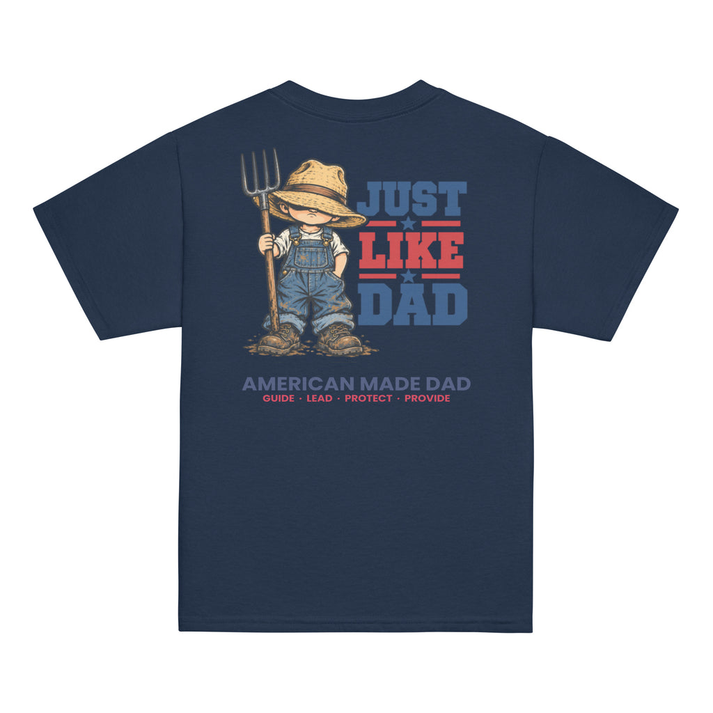 Back of a navy youth t-shirt with the Just Like Dad farmer artwork printed across it