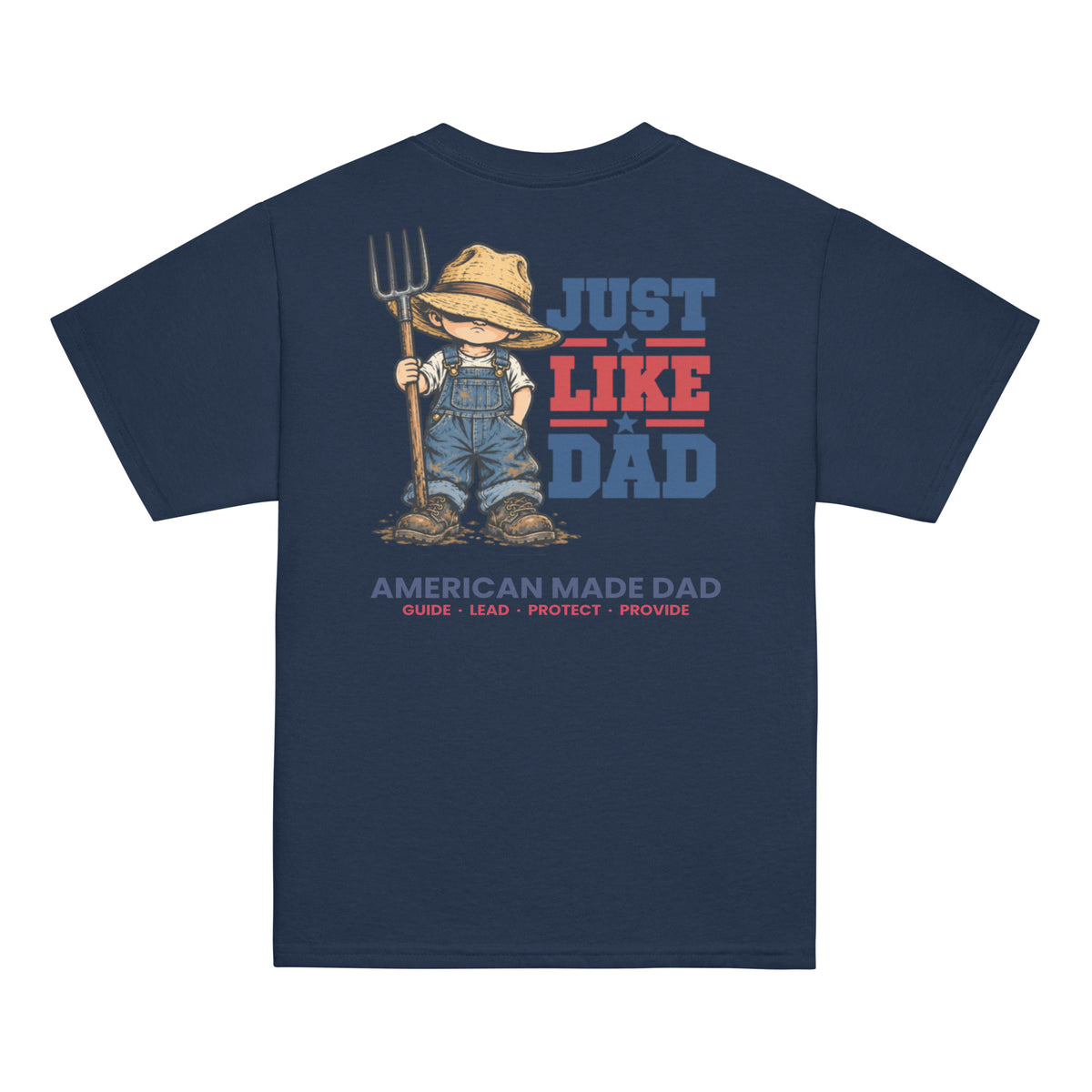 Back of a navy youth t-shirt with the Just Like Dad farmer artwork printed across it