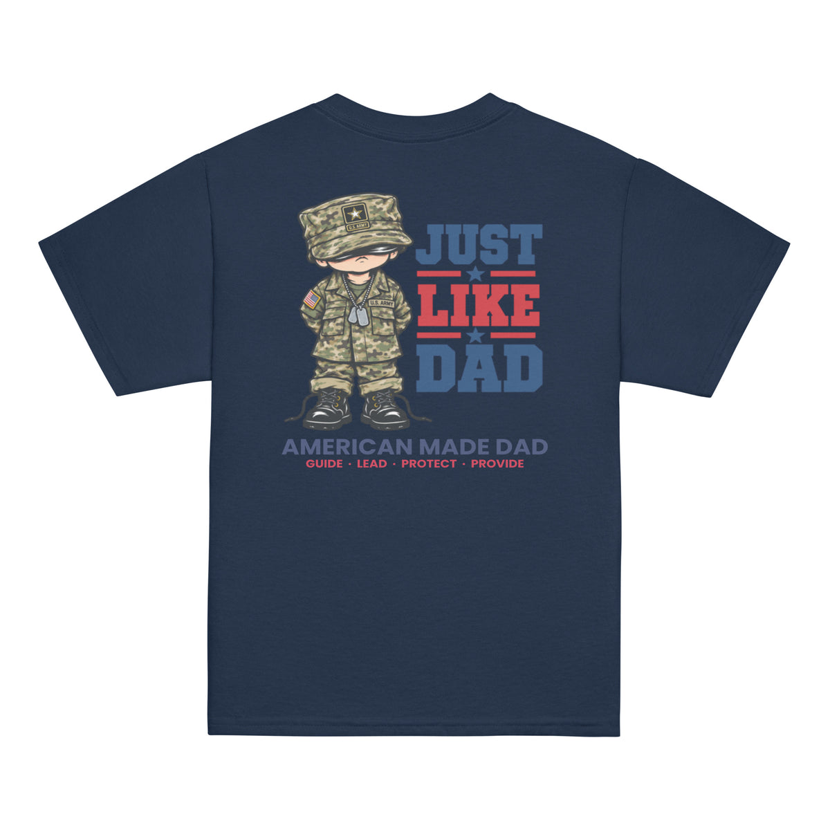 Back of a navy youth t-shirt with the Just Like Dad Army artwork printed across it