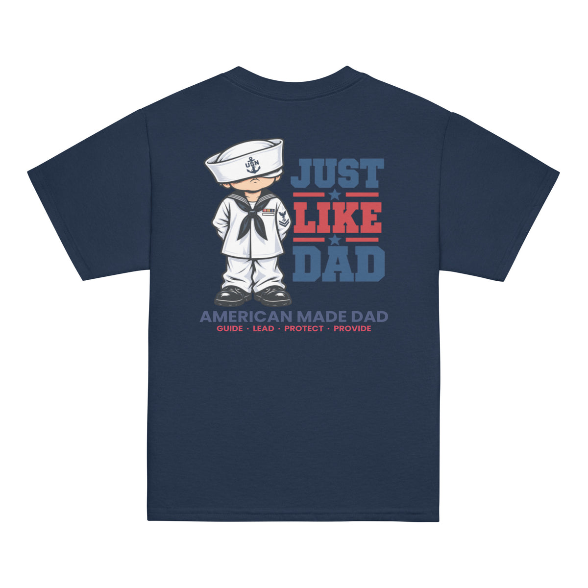 Back of a navy youth t-shirt with the Just Like Dad Navy artwork printed across it