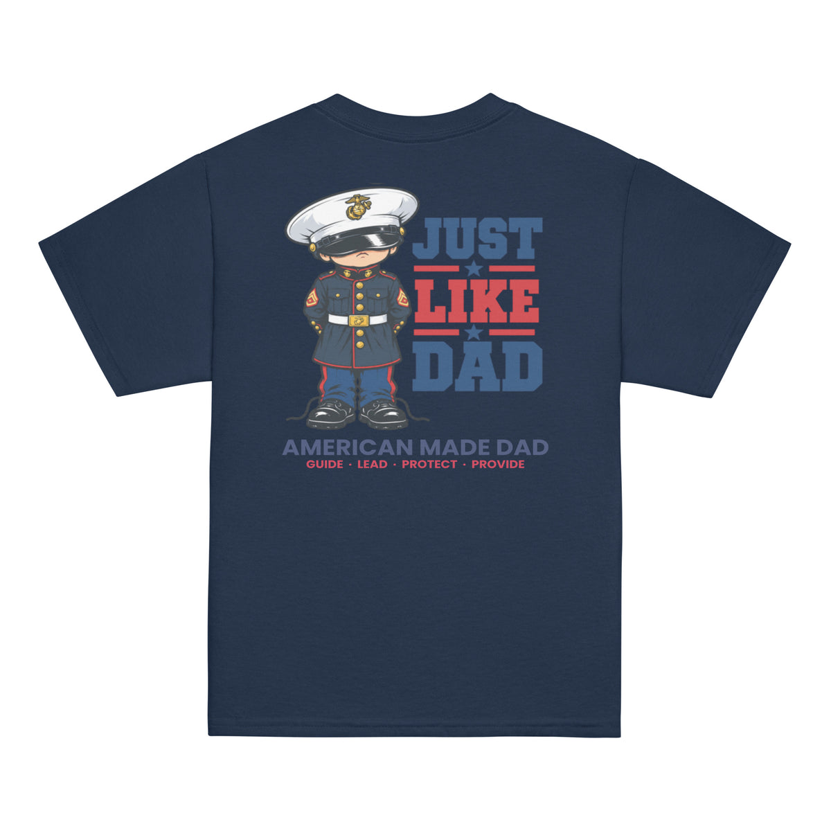Back of a navy youth t-shirt with the Just Like Dad Marines artwork printed across it