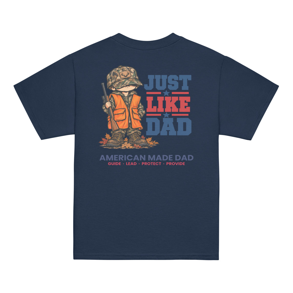 Back of a navy youth t-shirt with the Just Like Dad hunter artwork printed across it