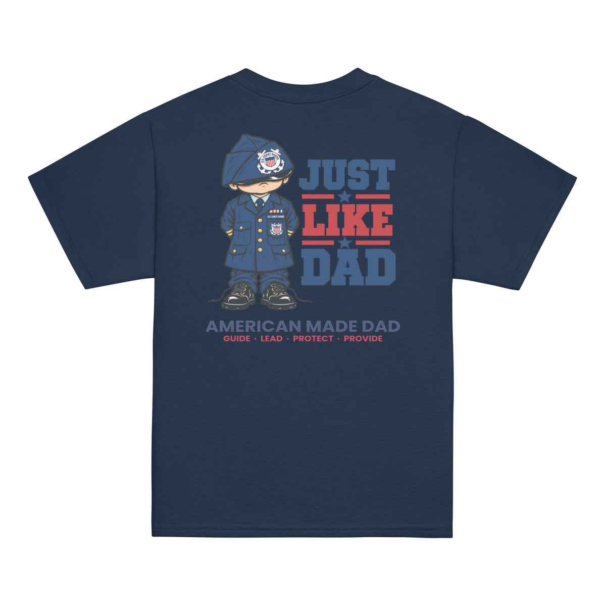 Back of a navy youth t-shirt with the Just Like Dad Coast Guard artwork printed across it