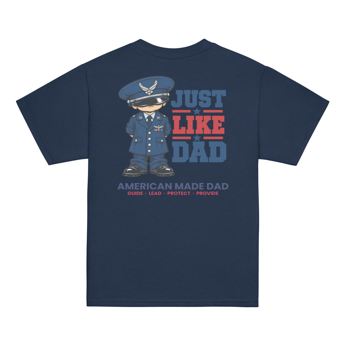 Back of a navy youth t-shirt with the Just Like Dad Air Force artwork printed across it