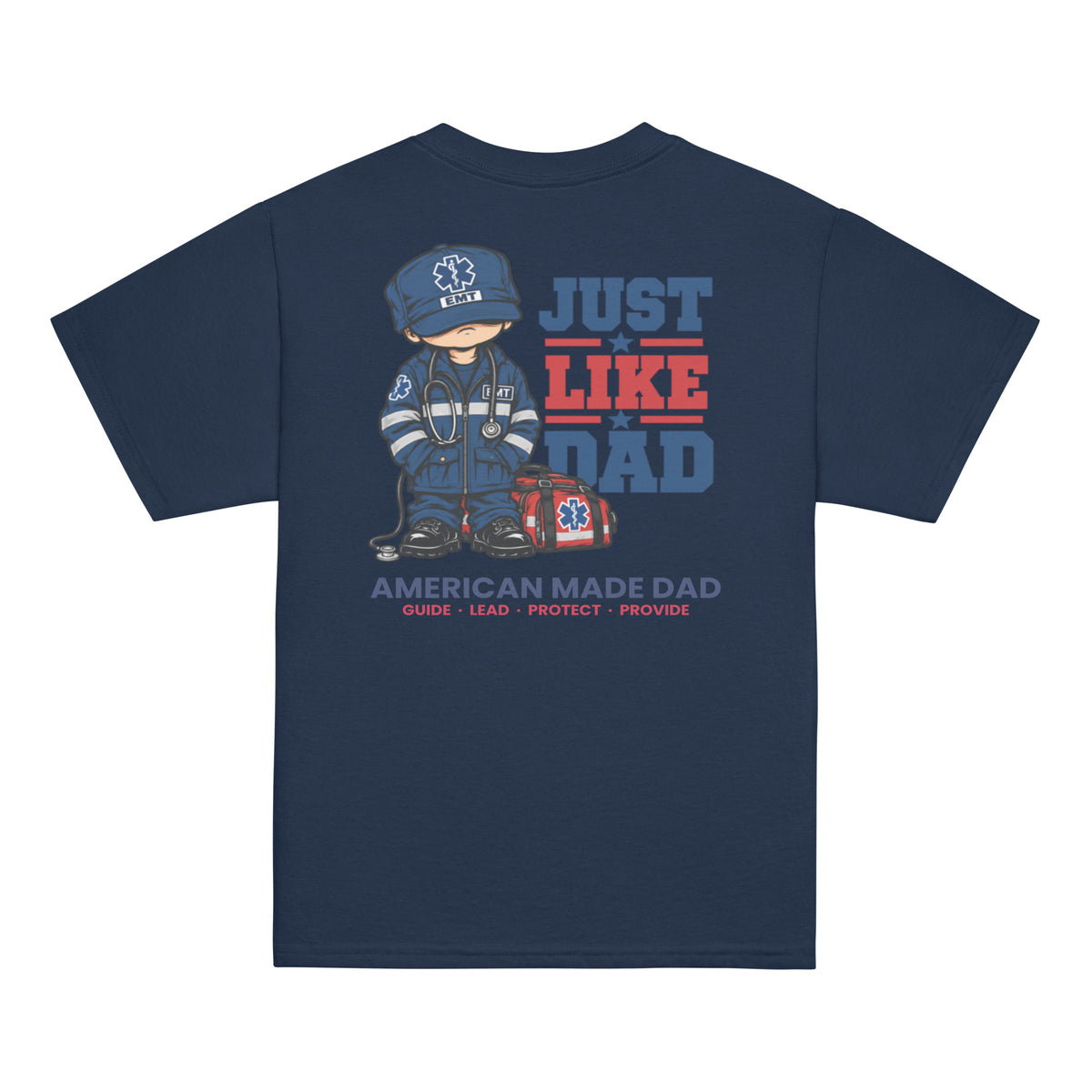 Back of a navy youth t-shirt with the Just Like Dad EMT artwork printed across it