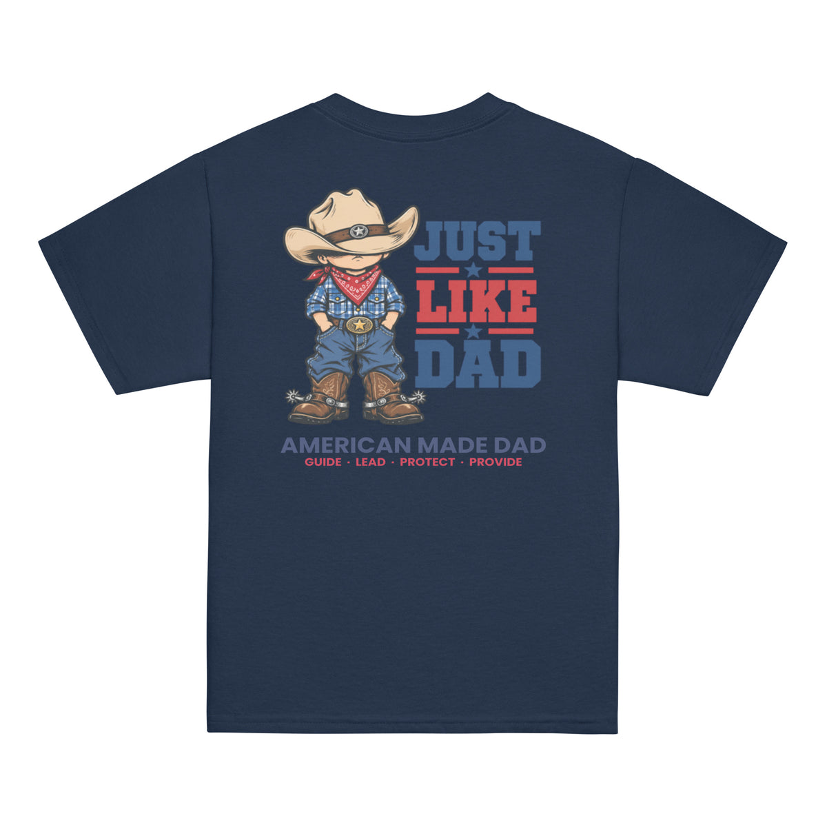 Back of a navy youth t-shirt with the Just Like Dad rancher artwork printed across it