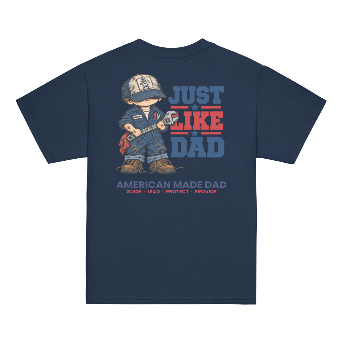 Back of a navy youth t-shirt with the Just Like Dad mechanic artwork printed across it