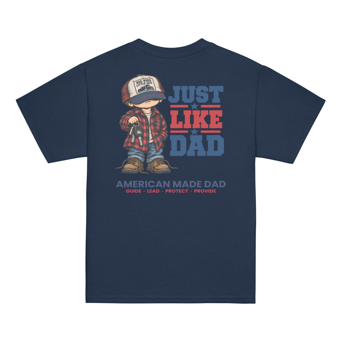 Back of a navy youth t-shirt with the Just Like Dad trucker artwork printed across it