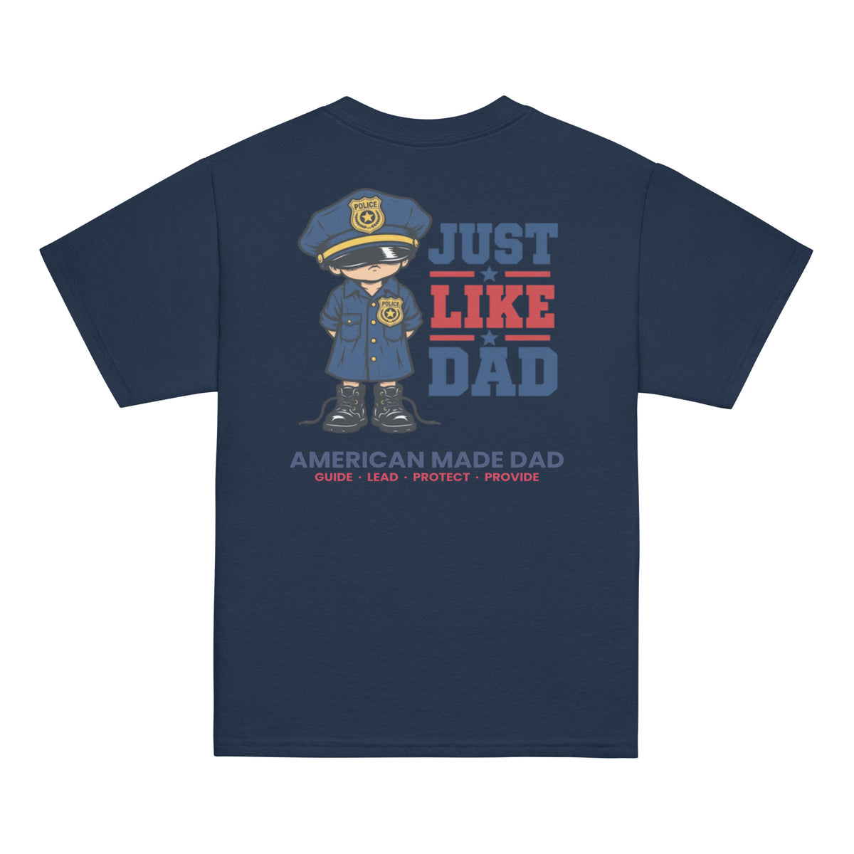 Back of a navy youth t-shirt with the Just Like Dad police officer artwork printed across it
