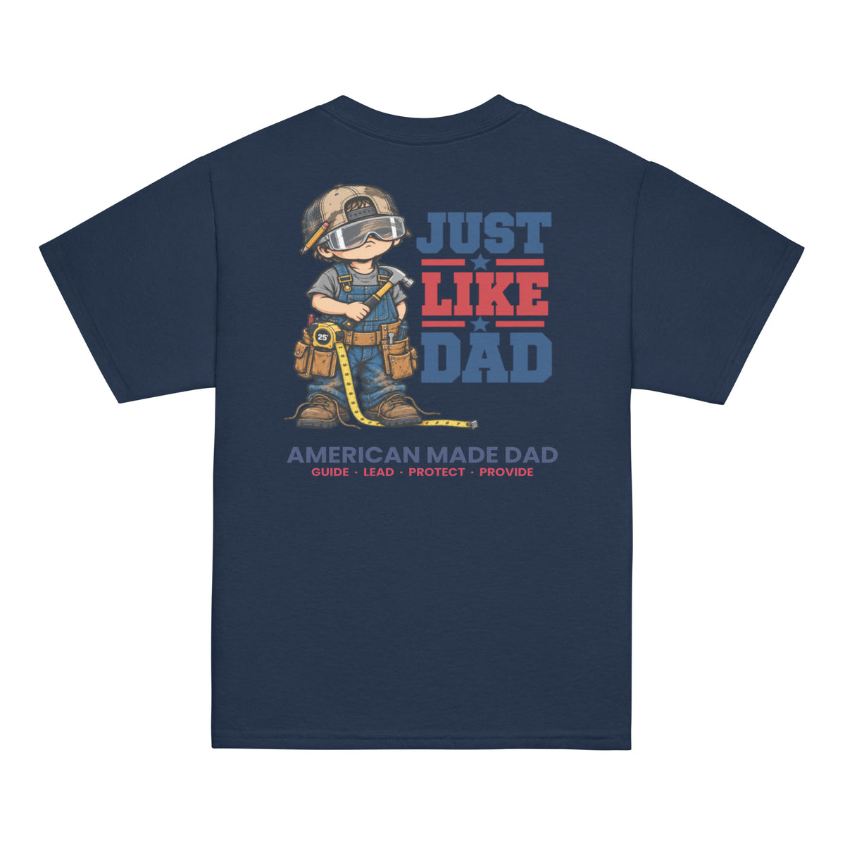Back of a navy youth t-shirt with the Just Like Dad carpenter artwork printed across it