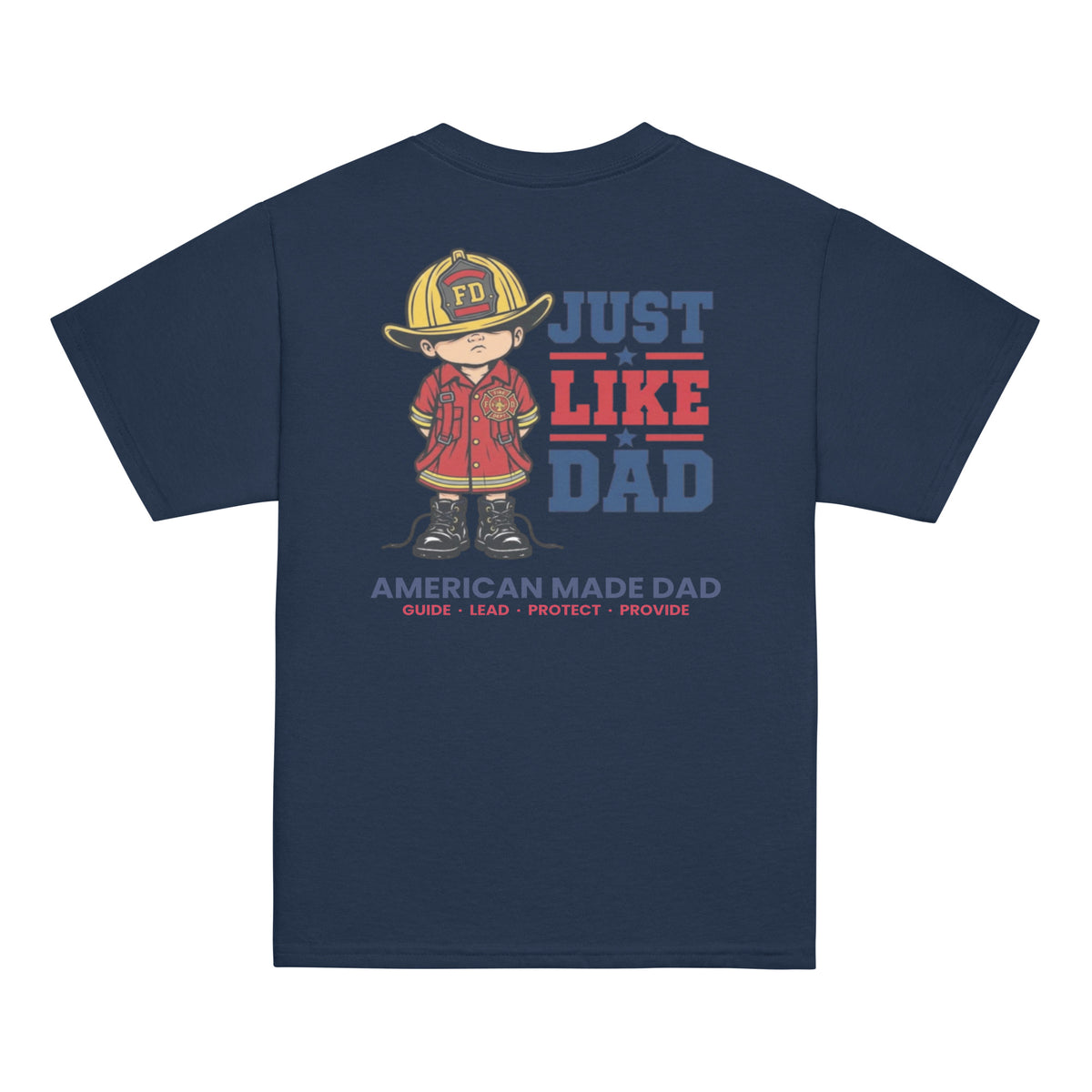 Back of a navy youth t-shirt with the Just Like Dad firefighter artwork printed across it
