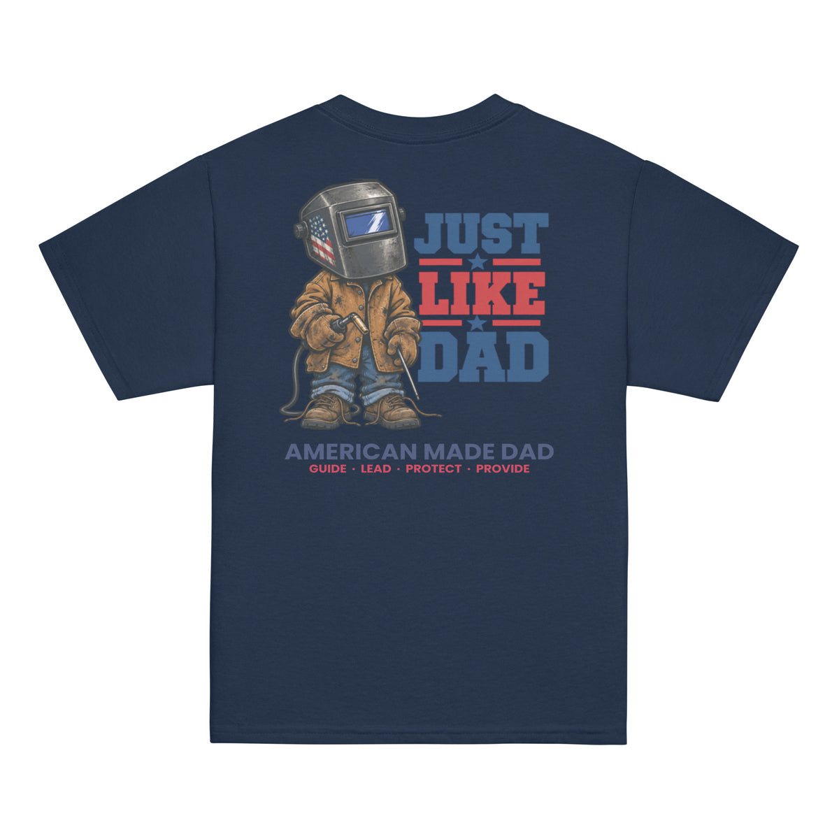 Back of a navy youth t-shirt with the Just Like Dad welder artwork printed across it
