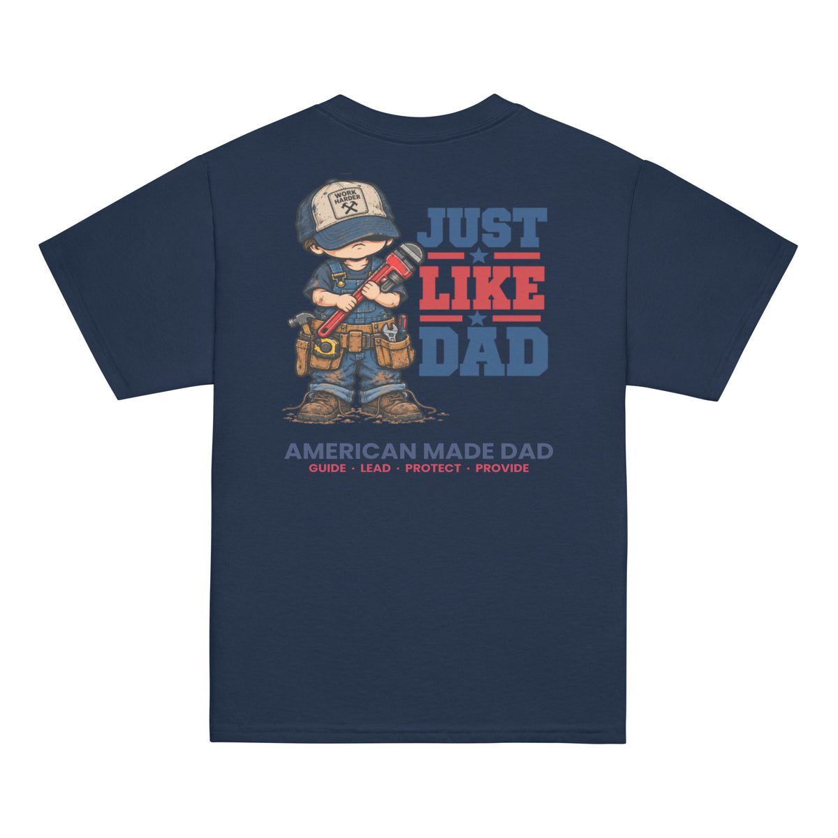 Back of a navy youth t-shirt with the Just Like Dad plumber artwork printed across it