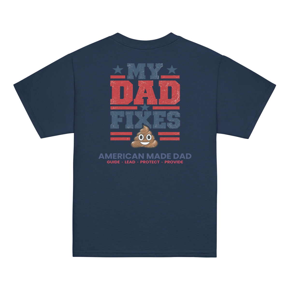 Back of a navy youth t-shirt with the kids design printed across it