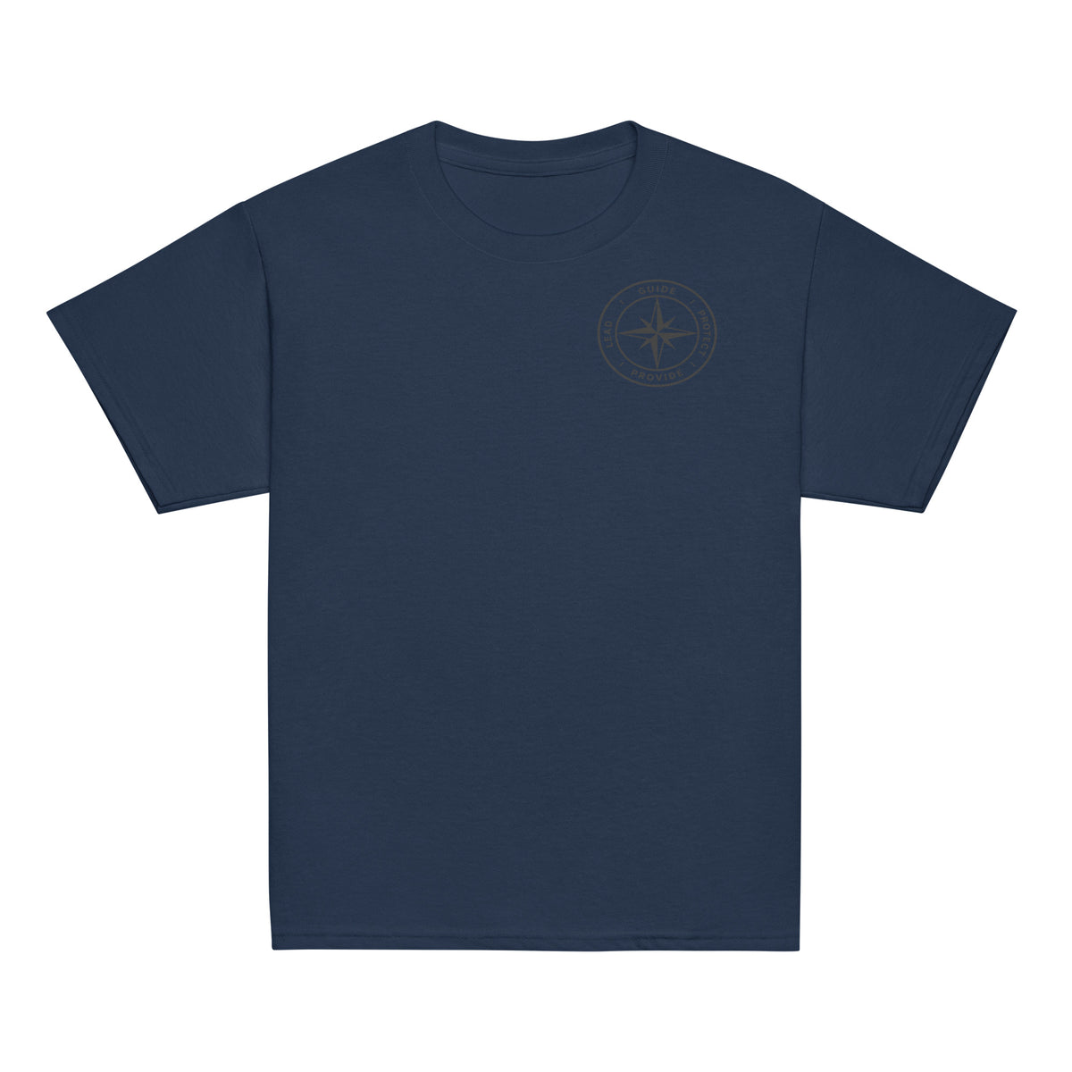 Front of a navy youth t-shirt with the printed American Made Dad compass on the chest