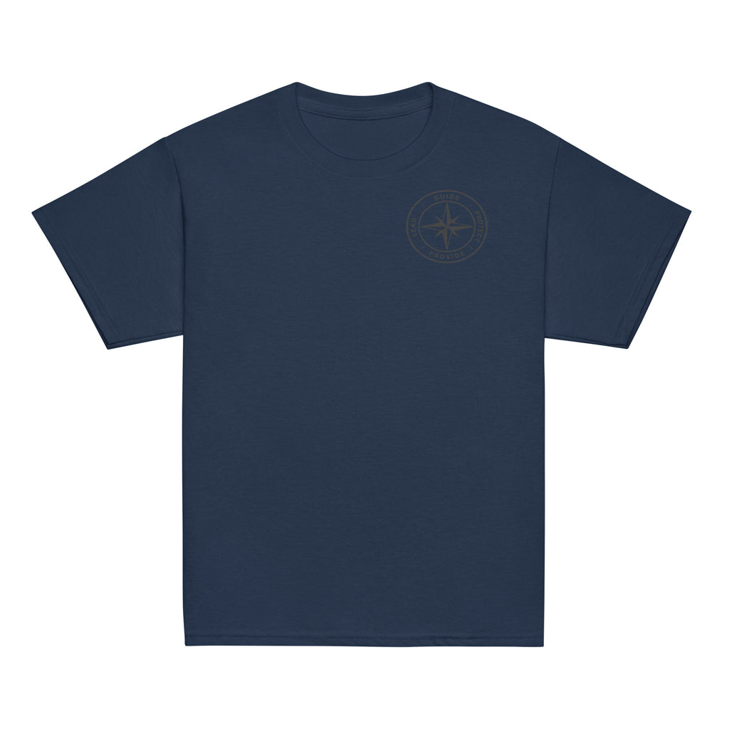 Front of a navy youth t-shirt with the printed American Made Dad compass on the chest