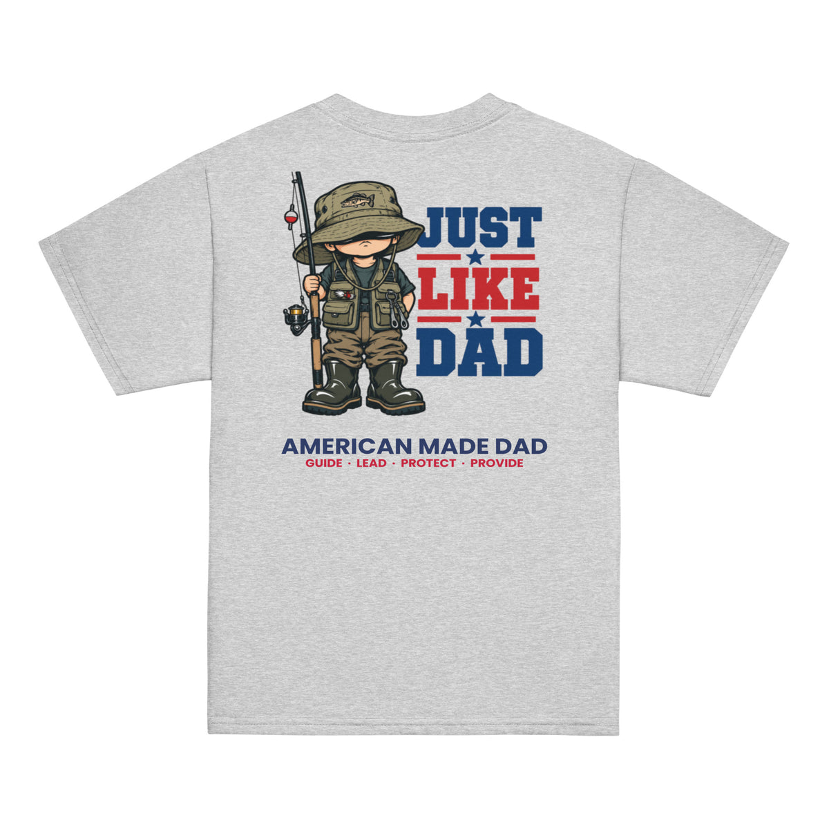 Back of a sport grey youth t-shirt with the Just Like Dad fisherman artwork printed across it