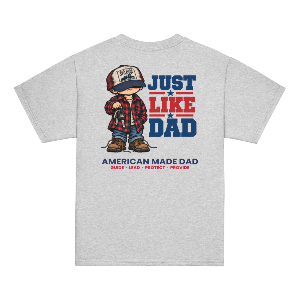 Back of a sport grey youth t-shirt with the Just Like Dad trucker artwork printed across it