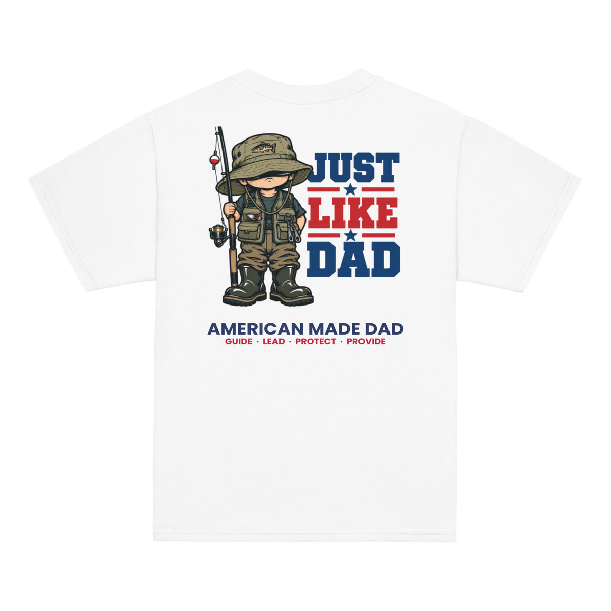 Back of a white youth t-shirt with the Just Like Dad fisherman artwork printed across it