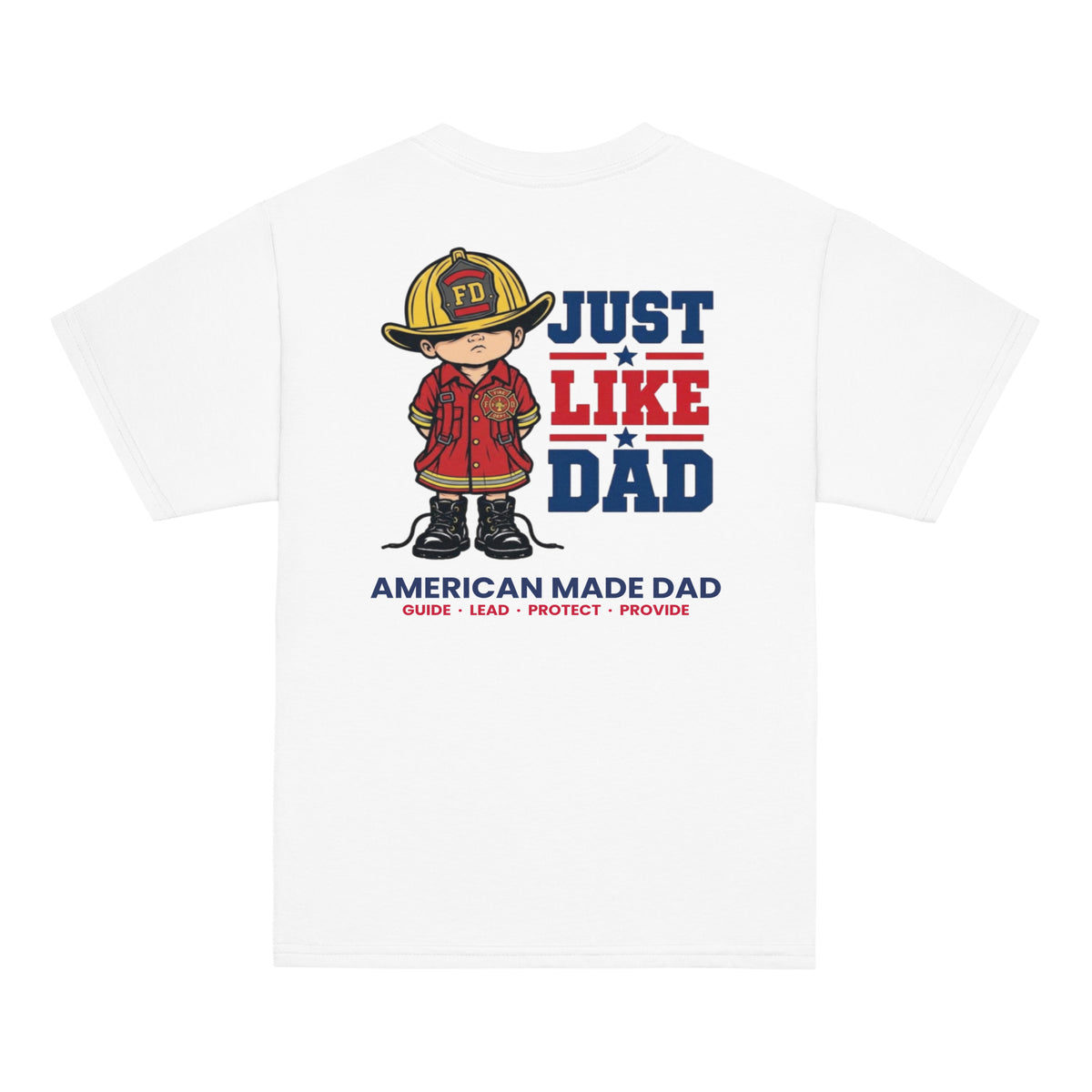 Back of a white youth t-shirt with the Just Like Dad firefighter artwork printed across it