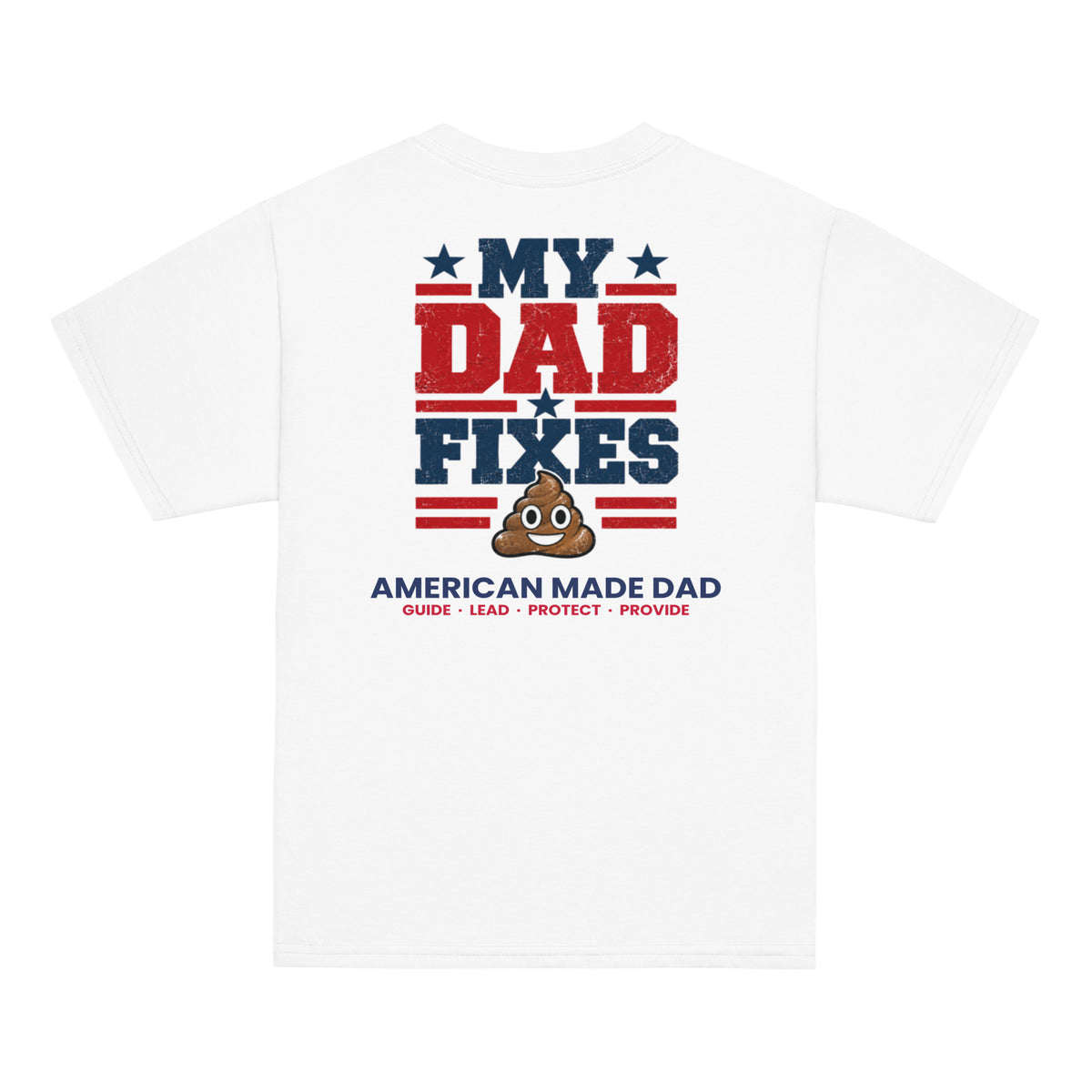 Back of a white youth t-shirt with the kids design printed across it