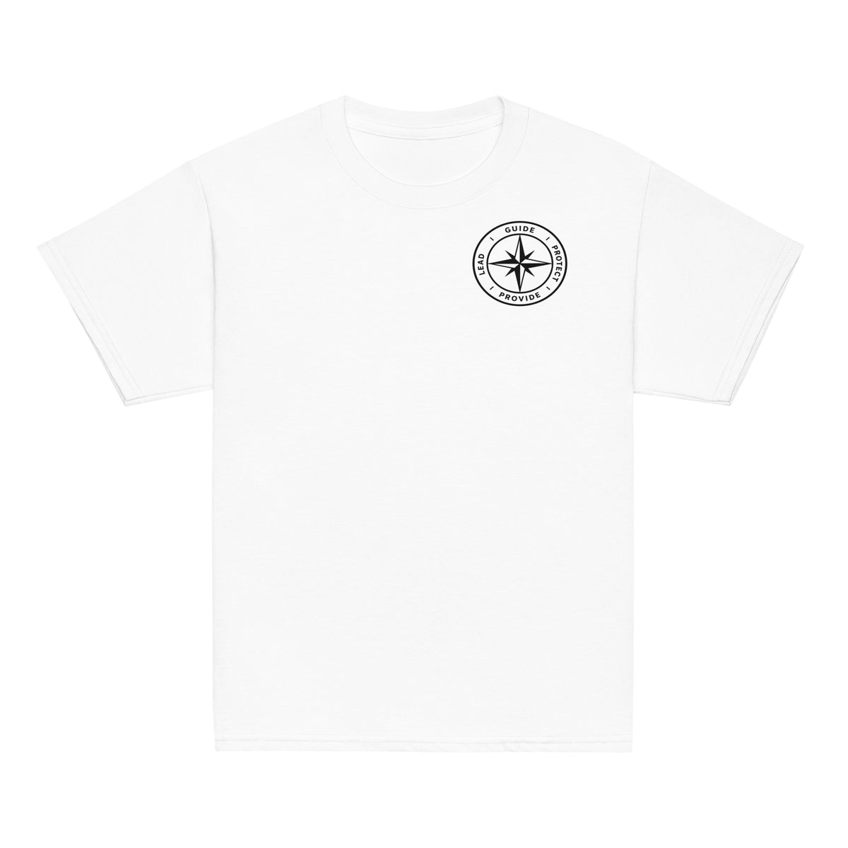 Front of a white youth t-shirt with the printed American Made Dad compass on the chest